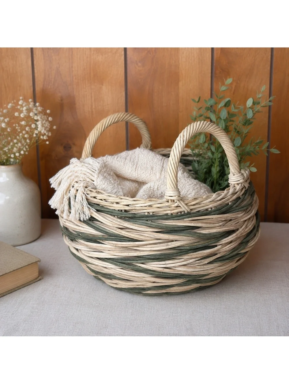Handwoven Wicker Basket Green Cream Round Double Handle Farmhouse Cottage Decor